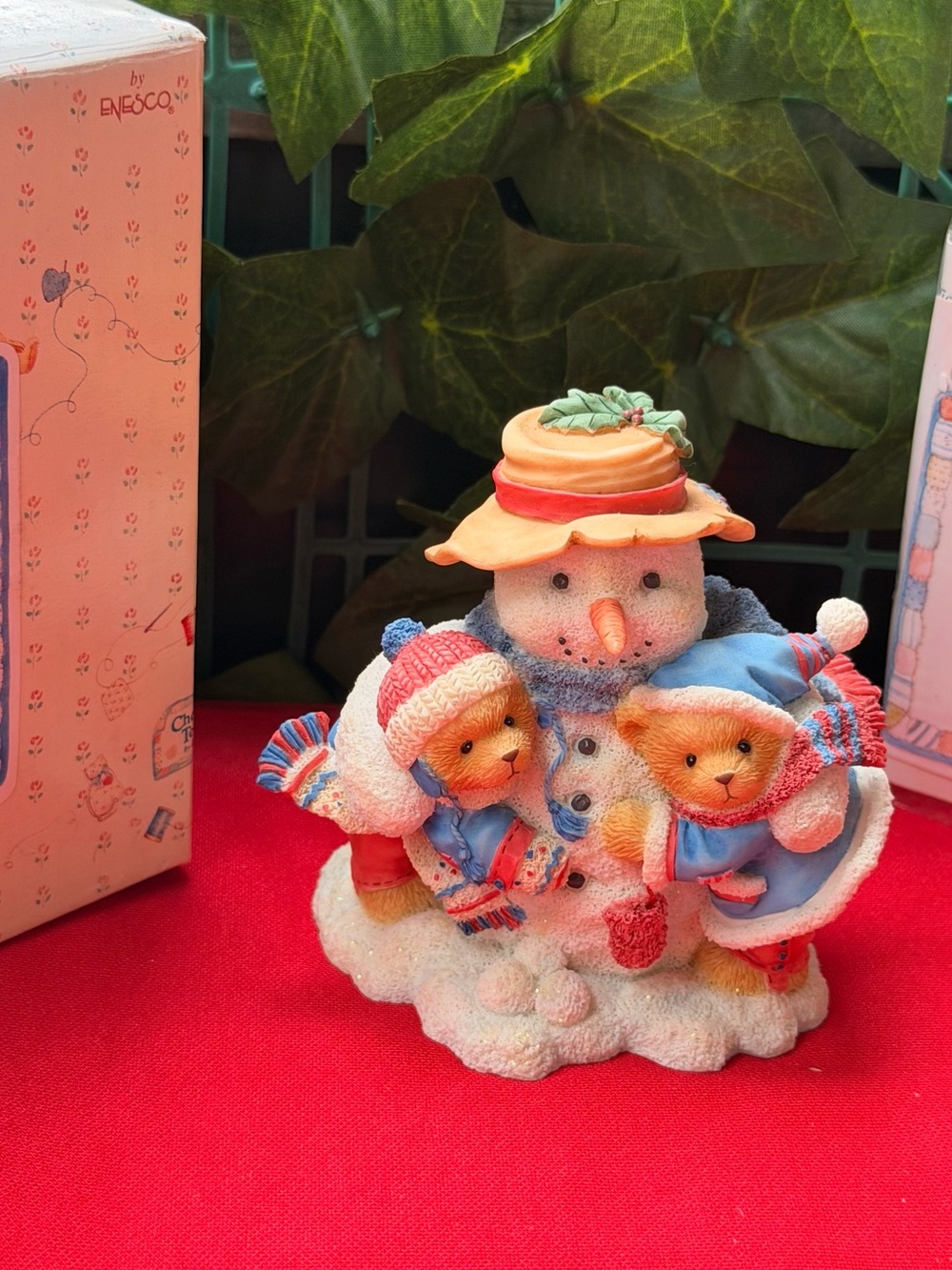 Cherished Teddies Snowman with Two Bears Figurine - Blue, Orange, Red